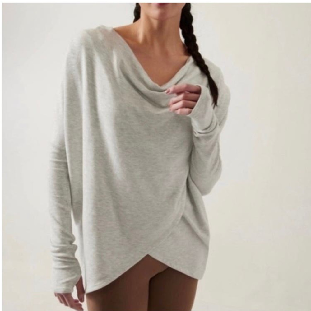 Athleta Purana Light Gray Hooded Sweatshirt Modal Top Medium